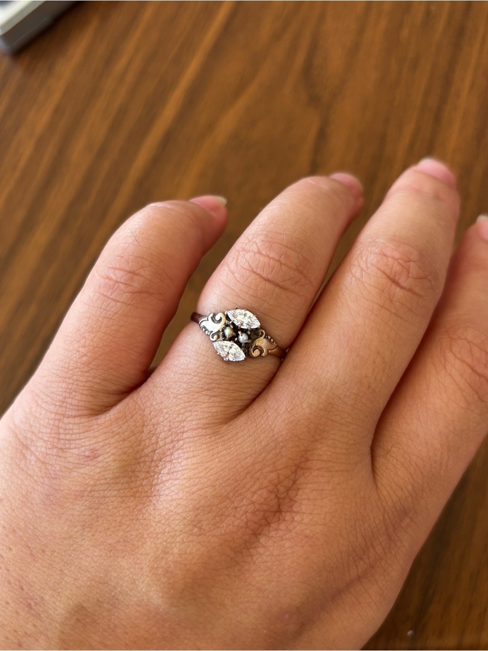 9k rosy yellow gold with brilliant lab stones and natural pearls antique ring